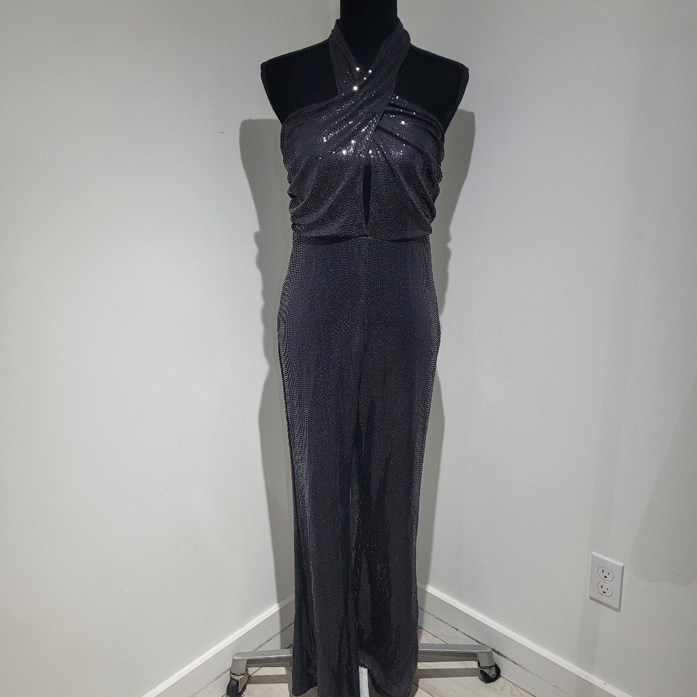 H&M Women's Glittery Sequin Halter Flare Leg Jumpsuit Medium Black Glam Disco